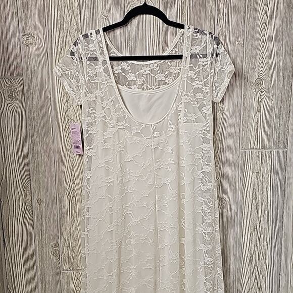 Wild Fable Off White Lace Maxi Dress Over Mini Short Sleeves Womens Large NWT - Picture 8 of 12